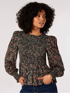 Apricot Paisley Puff Sleeve Smocked Top